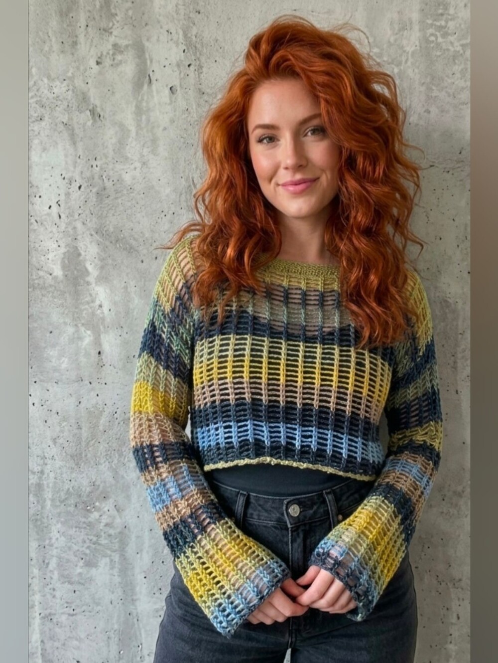 Boho Open-Knit Cropped Striped Sweater